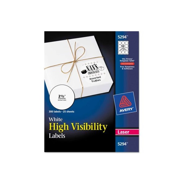 Avery Avery High-Visibility Round Laser Labels, 2-1/2" Dia, White, 300/Pack 5294 - main